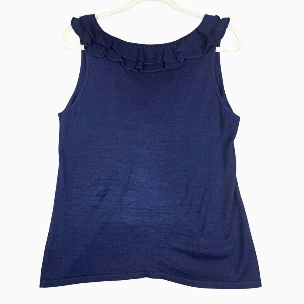 Ralph Lauren Womens Large Navy Ruffle V-Neck 100% Silk Preppy Classic Tank Top - Picture 3 of 11